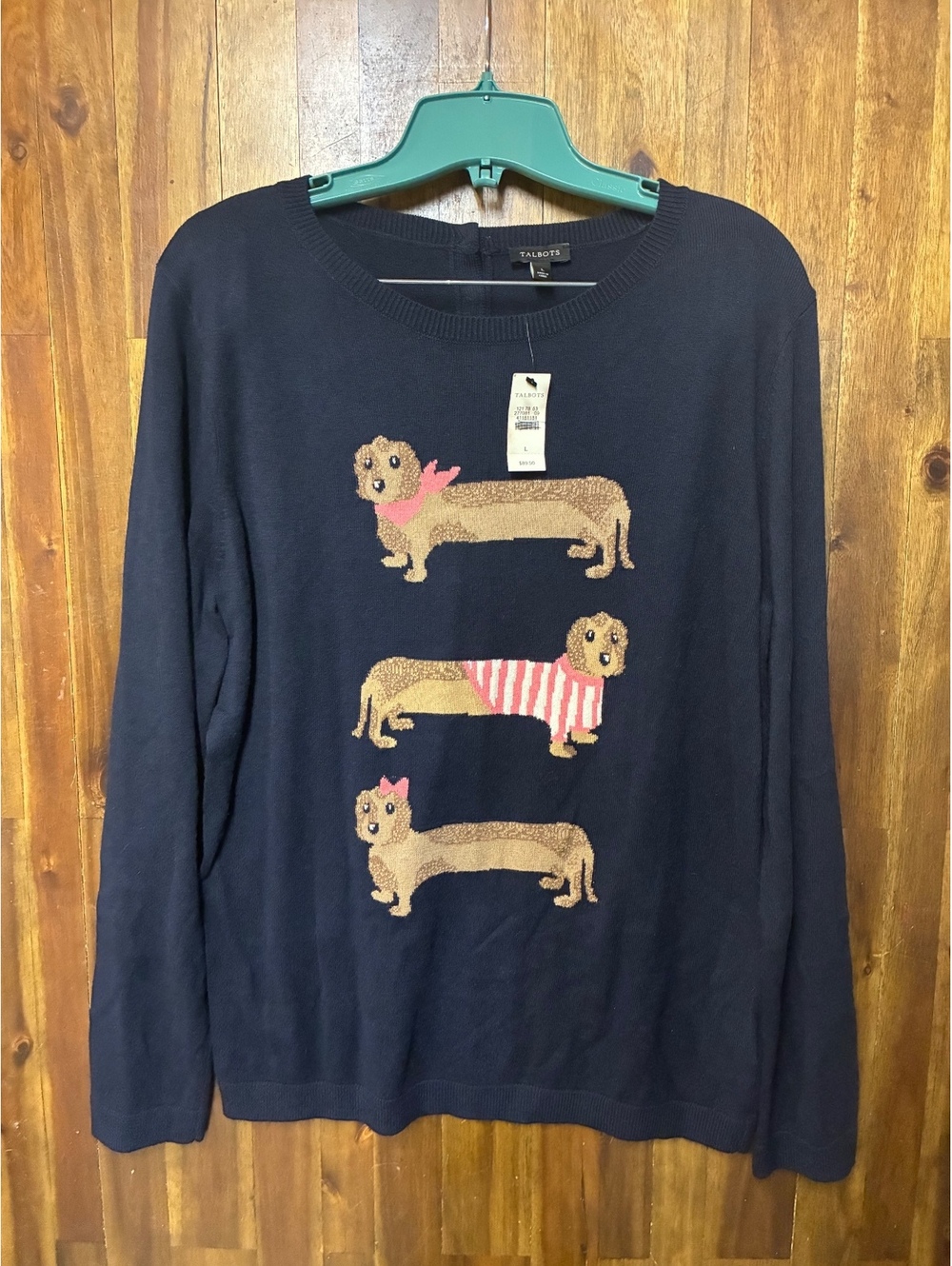 Talbots Dachshund Dog Sweater Navy Blue NWT Size L Preppy Novelty Knit